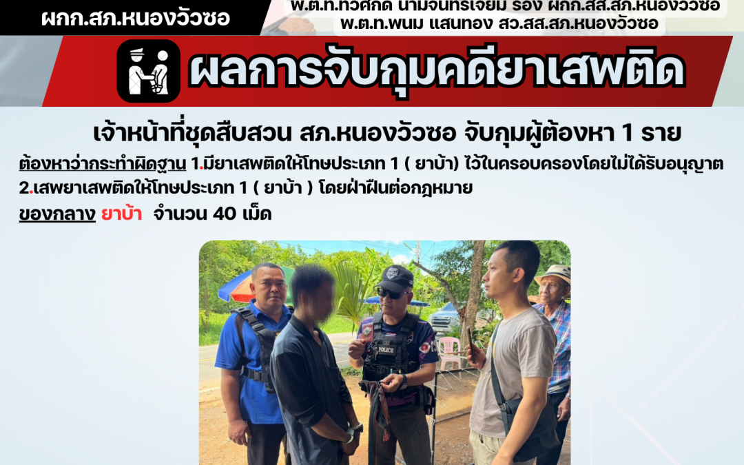 เจ้าหน้าที่ชุดสืบสวนจับกุมผู้ต้องหา 1 ราย พร้อมยาเสพติด
