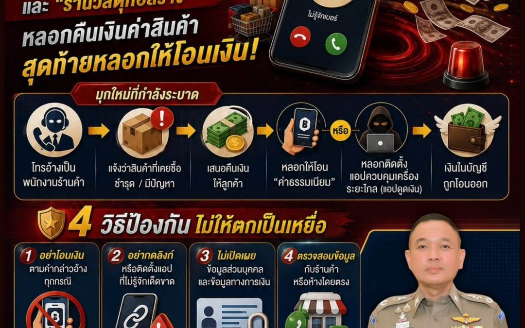สำนักงานตำรวจแห่งชาติเตือนภัย แก๊งคอลเซ็นเตอร์แอบอ้างห้างขายของใช้ในบ้าน-วัสดุก่อสร้าง ลวงคืนเงินค่าสินค้า หลอกให้เหยื่อโอนเงิน